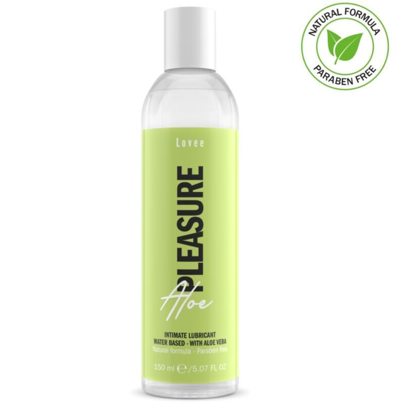 Lubrificante Lovee Aloe Pleasure, flacone da 150 ml con sigillo "Natural Formula" e "Paraben Free".