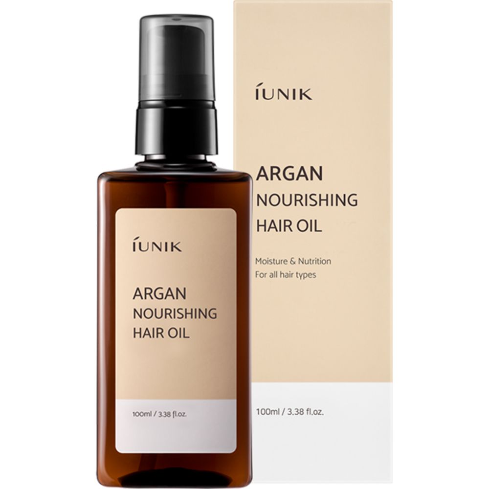 Flacone e confezione del prodotto. Scritta: IUNIK, Argan Nourishing Hair Oil. Testo: Moisture & Nutrition. 100ml / 3.38 fl.oz.