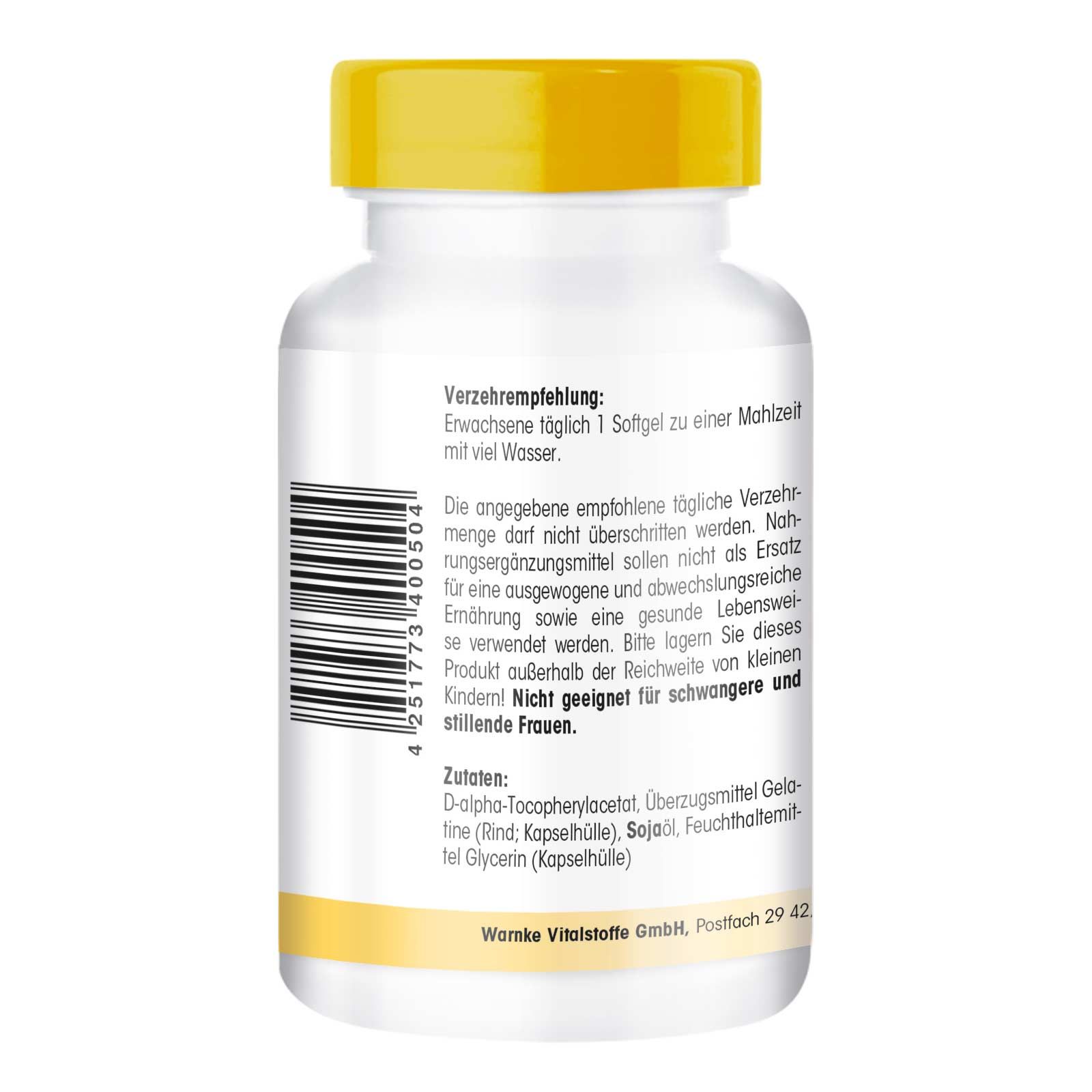 Retro di un flacone bianco con tappo giallo. Testo: Raccomandazioni per l'uso, ingredienti, Warnke Vitalstoffe GmbH. Codice a barre.