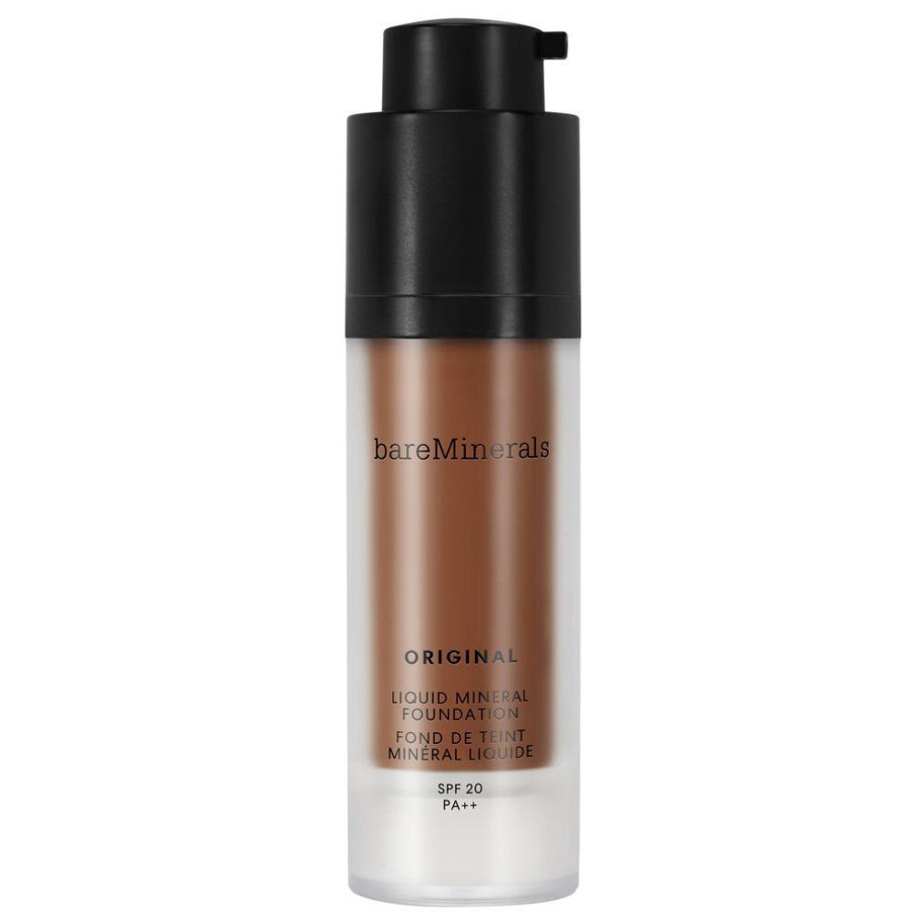 Fondotinta minerale liquido marrone in flacone di vetro con tappo nero. Scritta: BareMinerals, Original, SPF 20. Nome del prodotto e SPF.