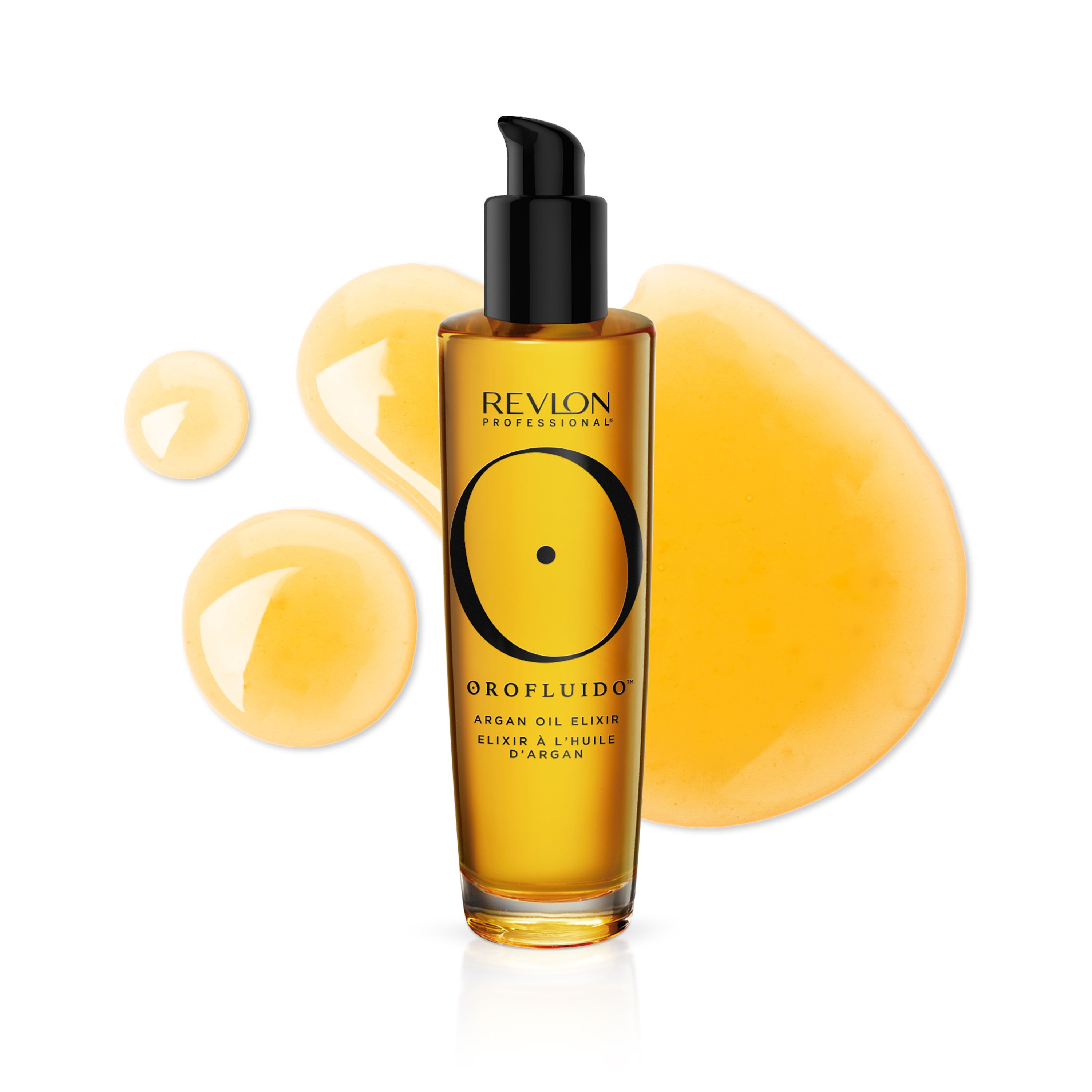 Revlon Orofluido Elixir in flacone di vetro con erogatore e olio dorato.