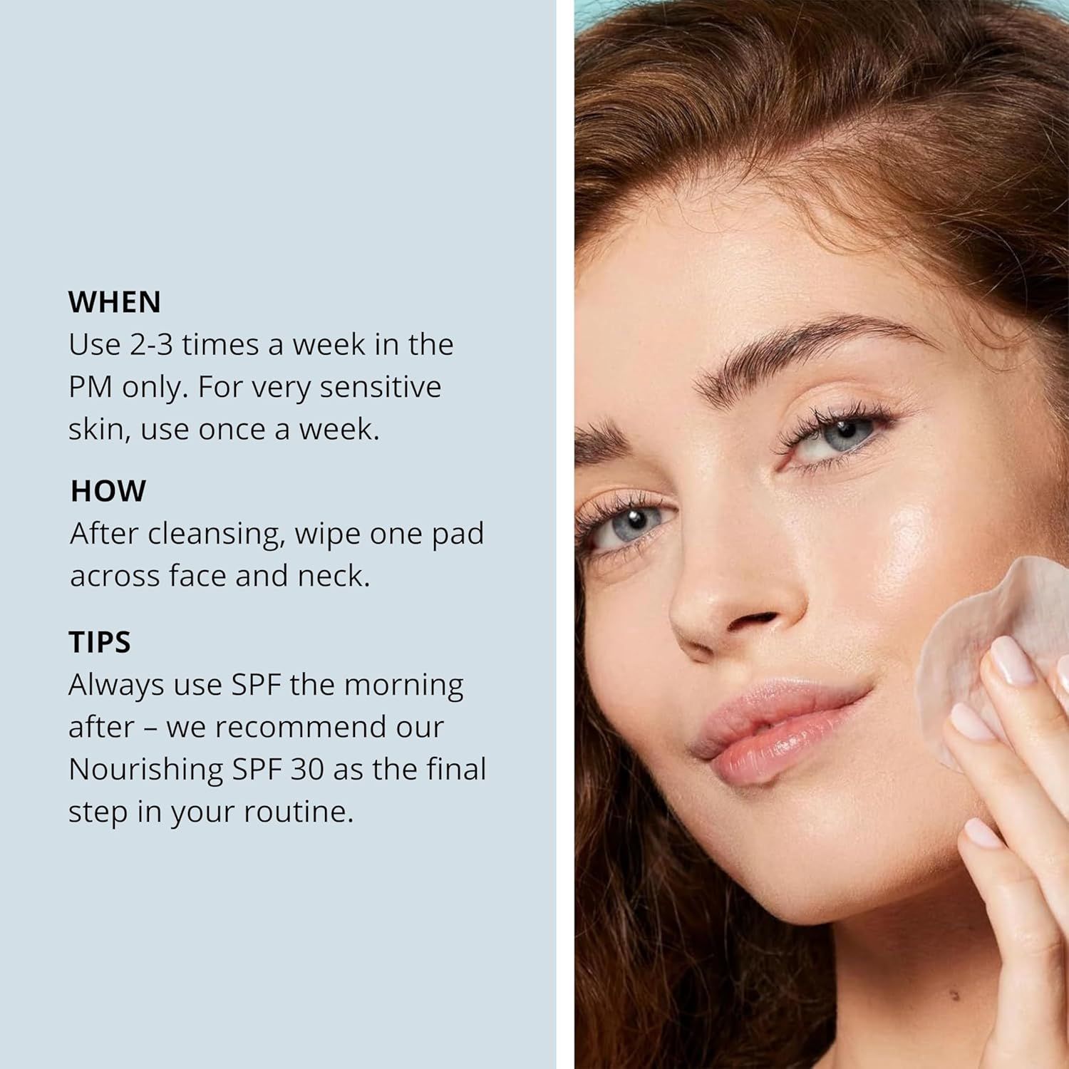 Donna si pulisce il viso con un dischetto. Testo: istruzioni per l'uso.