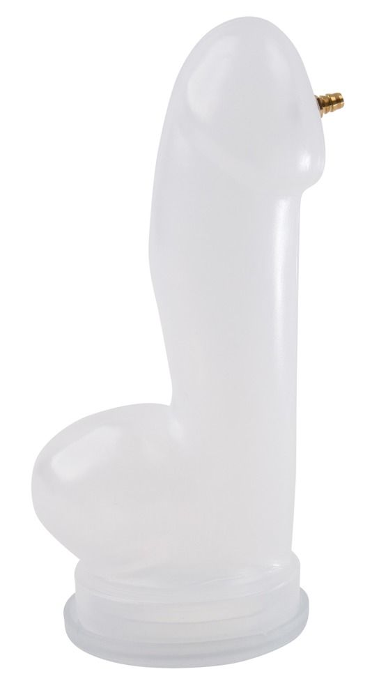 Un contenitore trasparente a forma di pene con un raccordo in ottone in cima.