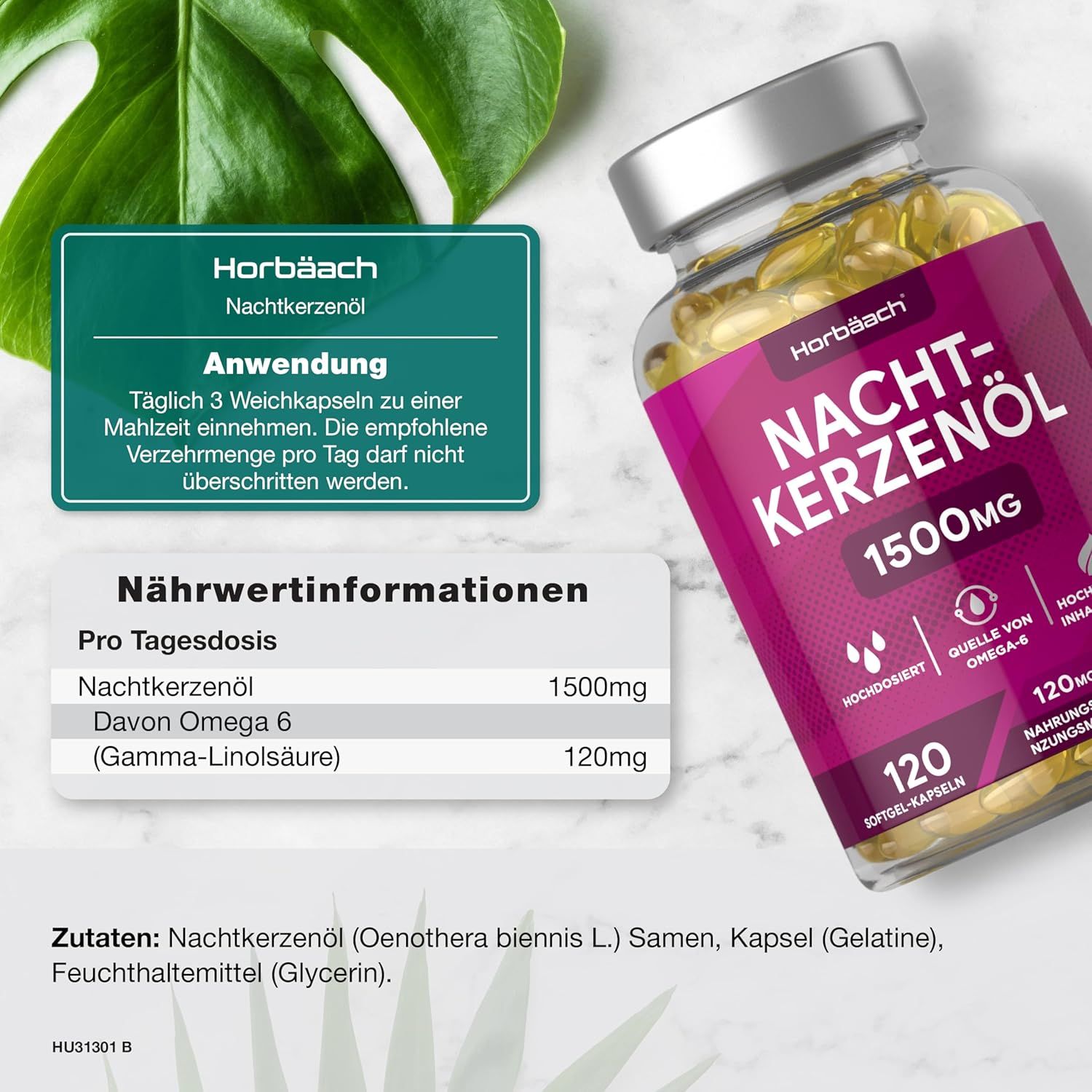 Flacone di capsule di olio di enotera Horbaach. 120 capsule, 1500mg. Testo: Informazioni nutrizionali, 1500mg olio di enotera.