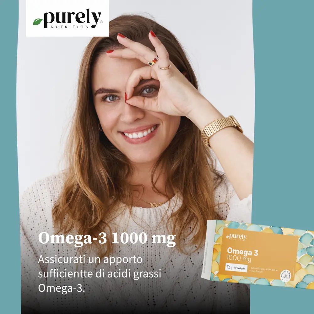 Donna con mano davanti all'occhio. Confezione Omega-3 1000 mg. Testo: Assicurati un apporto sufficiente di acidi grassi Omega-3.