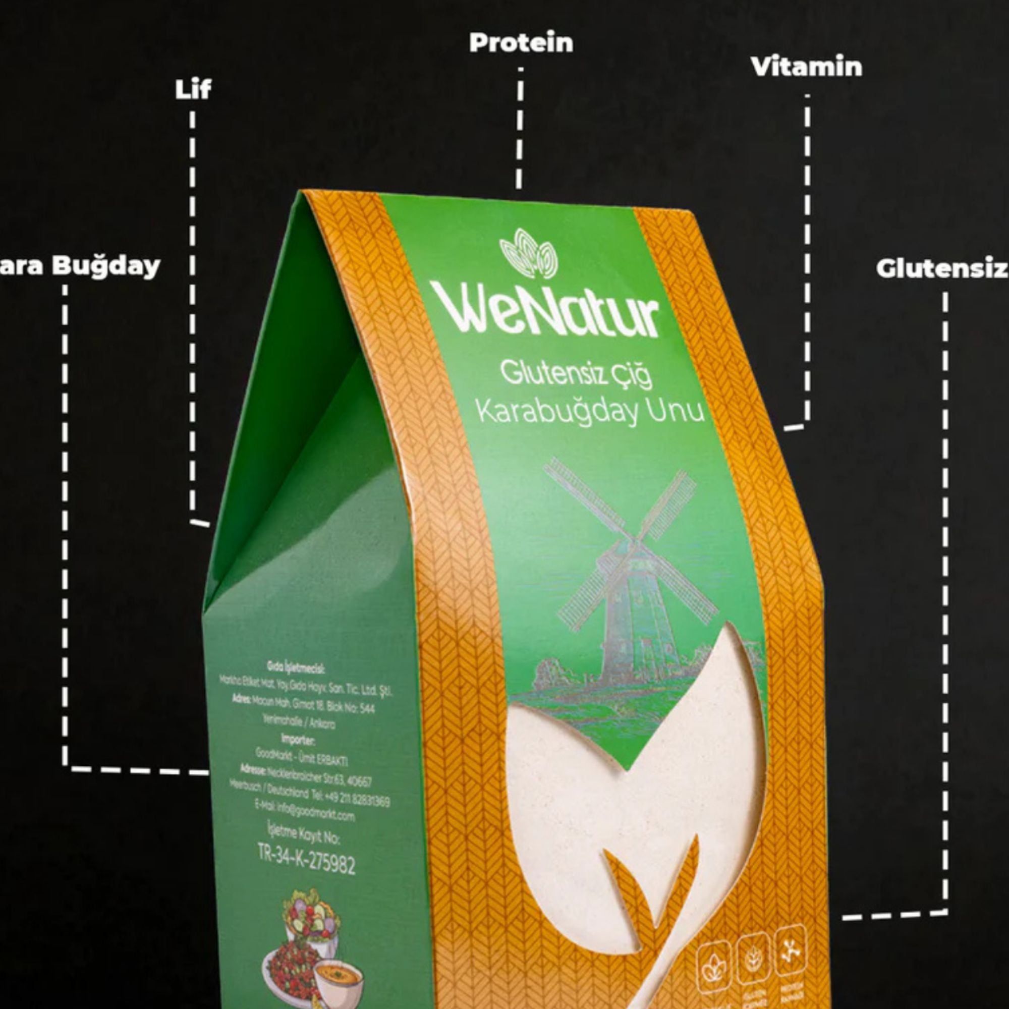 Confezione di farina di grano saraceno WeNatur con evidenziate informazioni nutrizionali.
