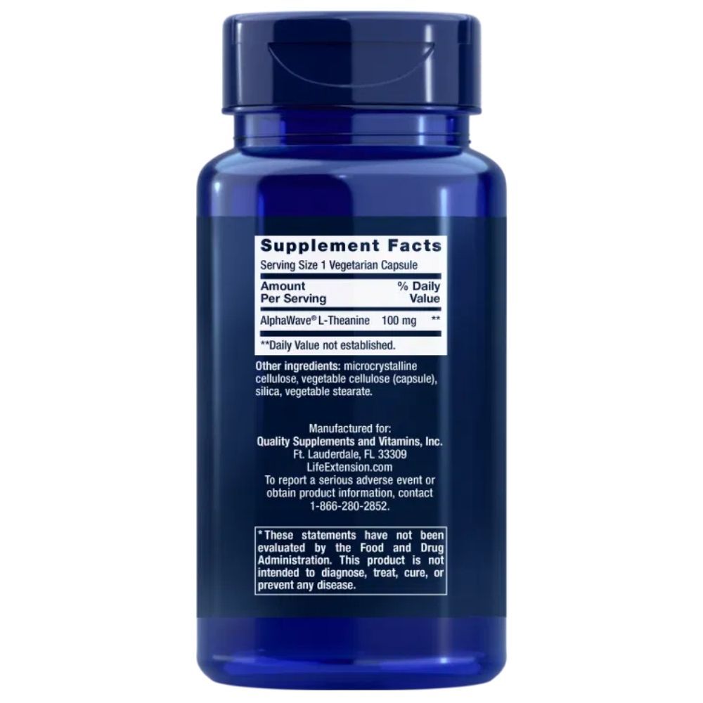 Retro di un contenitore di L-Teanina 100 mg Life Extension con informazioni nutrizionali.