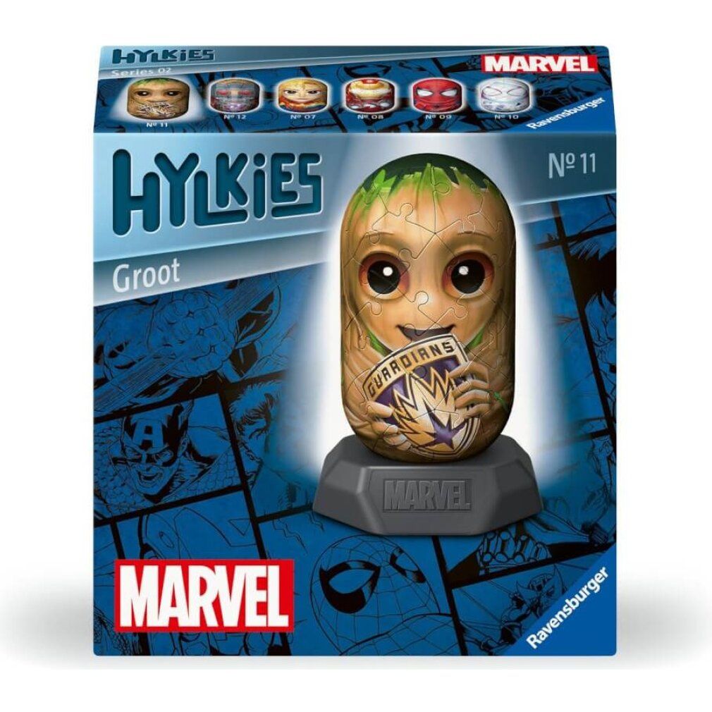 Confezione del puzzle 3D Groot Hylkies. Puzzle Groot su base. Logo Marvel e scritta Hylkies. Sfondo a fumetti.