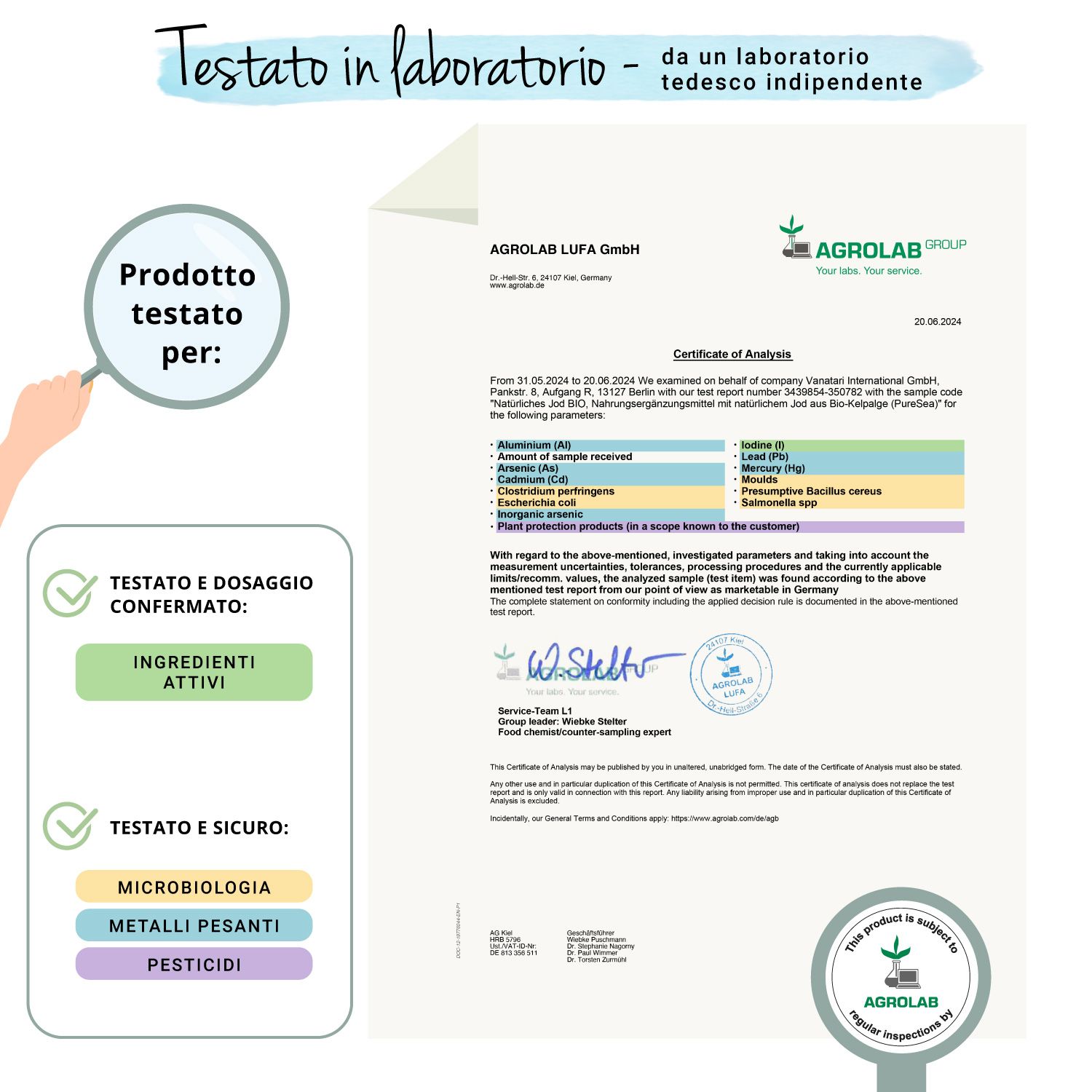 Certificato di AGROLAB LUFA GmbH. Conferma dei test sugli ingredienti e sul dosaggio. Microbiologia, metalli, pesticidi.