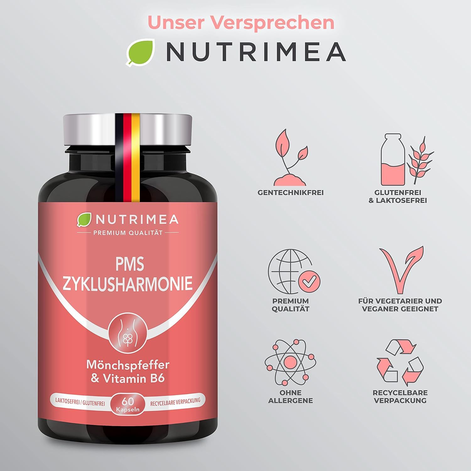 Flacone con PMS ZyklusHarmonie. Icone: senza OGM, senza glutine, vegano, riciclabile, senza allergeni, qualità premium.