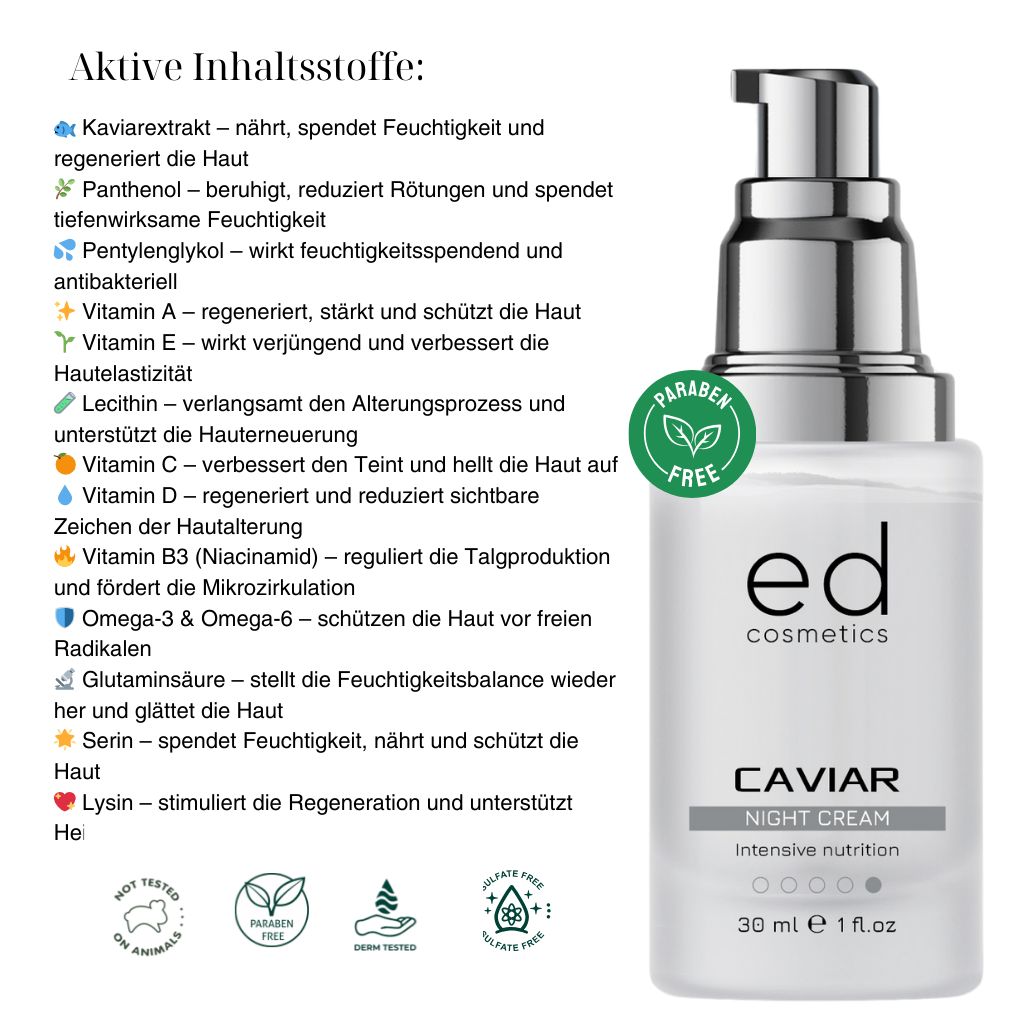 Flacone di crema con erogatore argentato. Testo: ED cosmetics, Caviar Night Cream, 30 ml, 1 fl.oz. Ingredienti aggiuntivi.