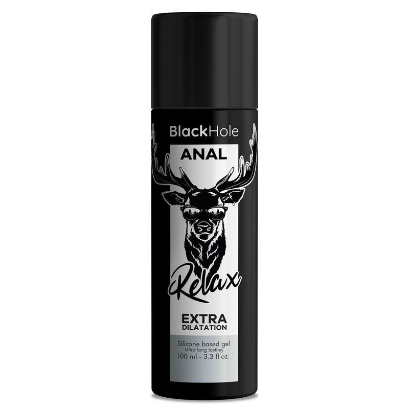Flacone nero con logo cervo, scritta "Black Hole ANAL Relax EXTRA DILATATION", 100 ml.