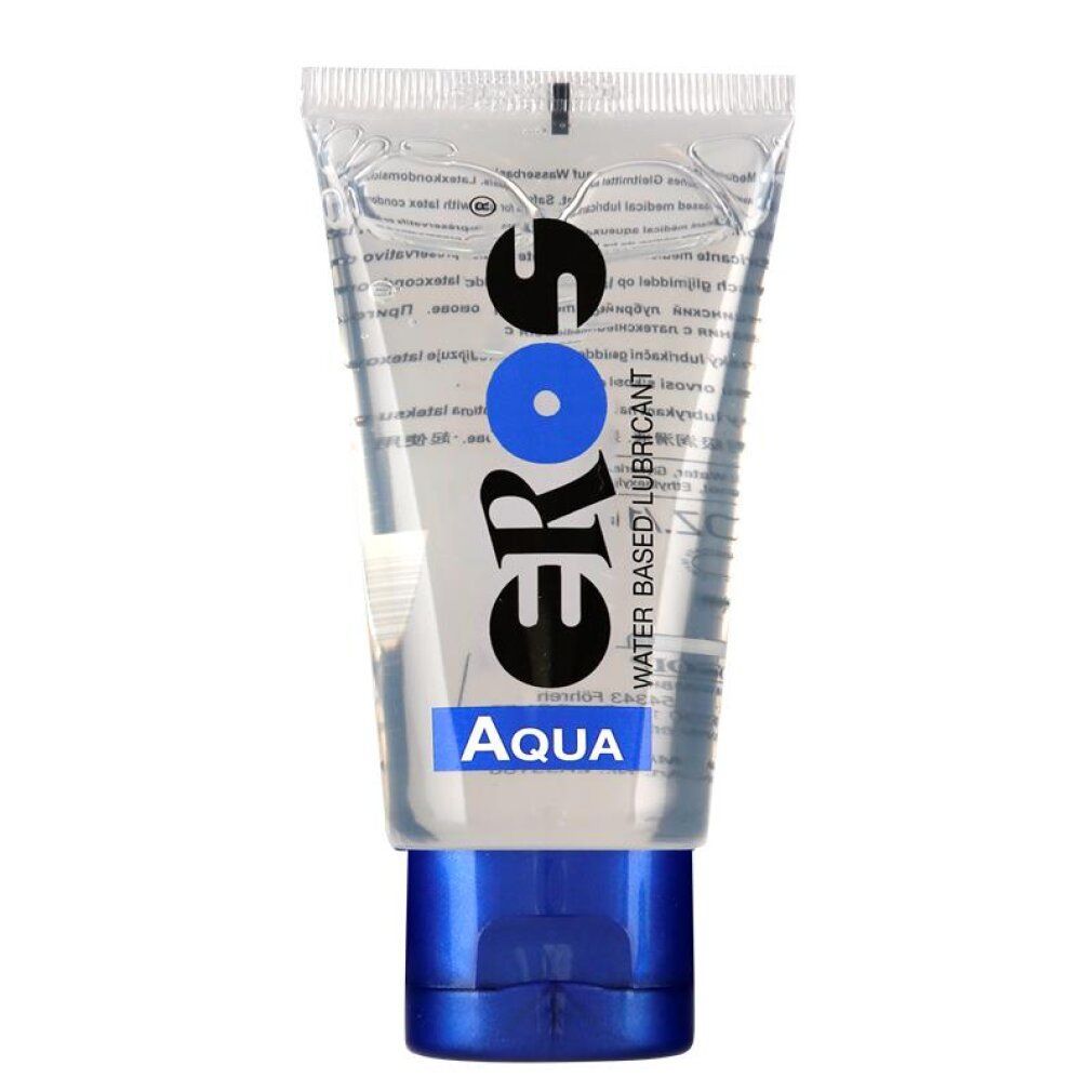 Lubrificante EROS Aqua in tubo trasparente con tappo blu.