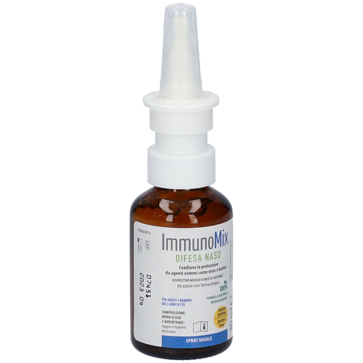 Flacone di vetro marrone con applicatore nasale. Testo: ImmunoMix Difesa Naso. 30 ml. Marchio CE.