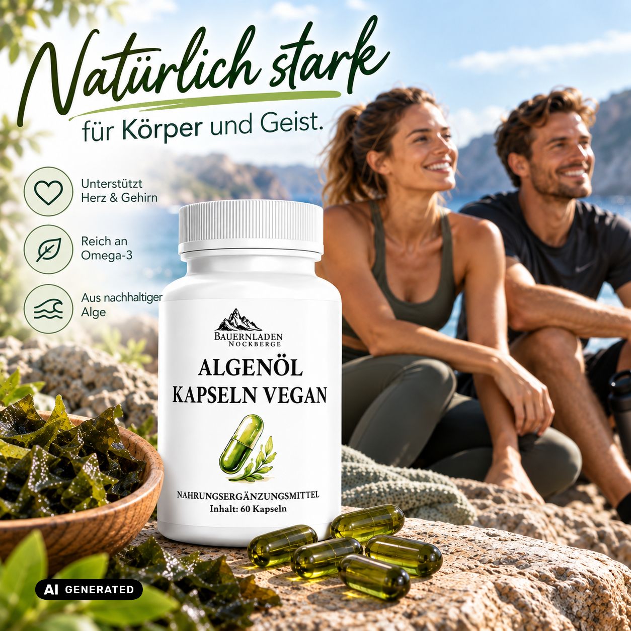 Capsule vegane di olio di alghe per corpo e mente. Supporta cuore e cervello. Da alghe sostenibili.