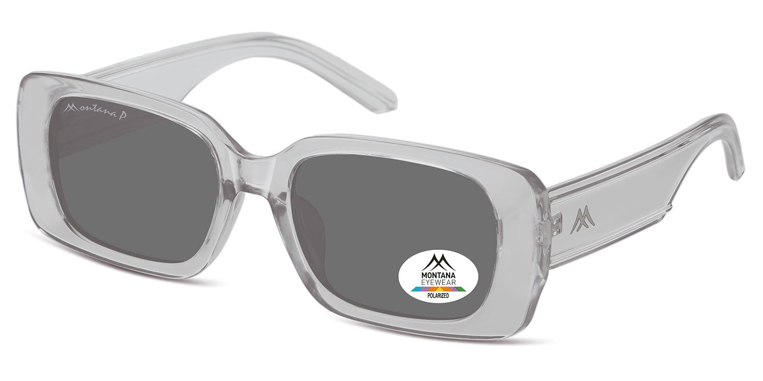 Occhiali da sole con lenti grigie e montatura trasparente. Logo Montana Eyewear sull'asta e sulla lente. Lenti polarizzate.