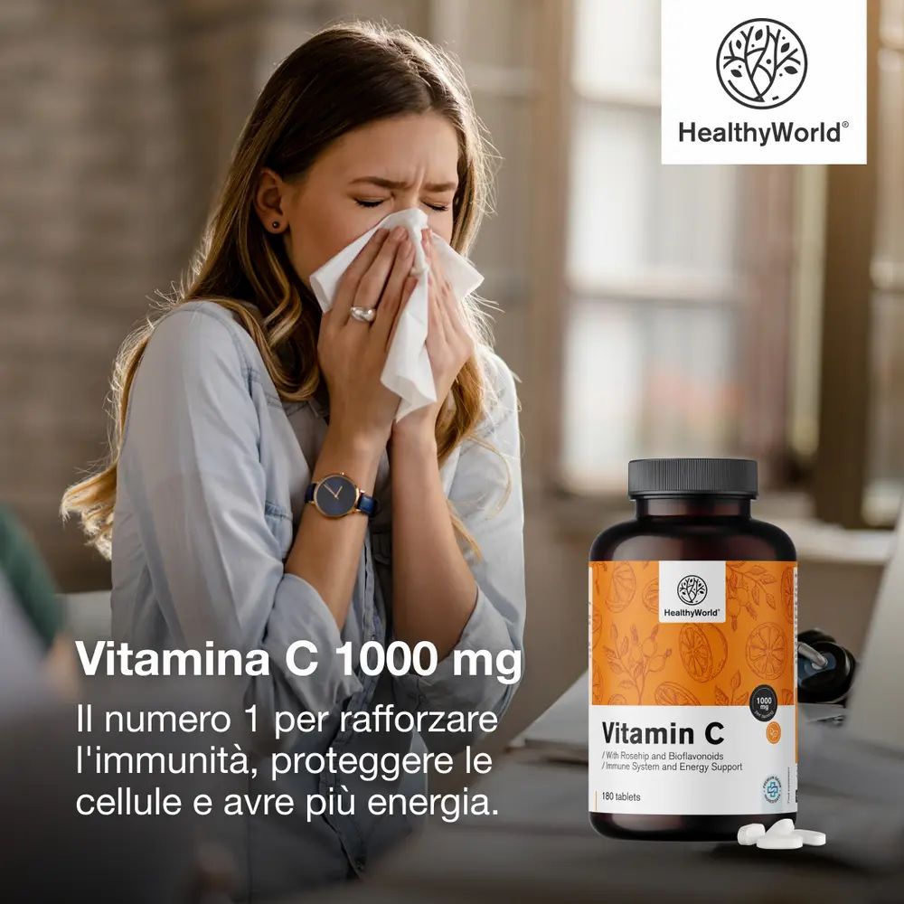 Flacone con compresse e rosa canina. Testo: Vitamina C 1000 mg. Logo: HealthyWorld.