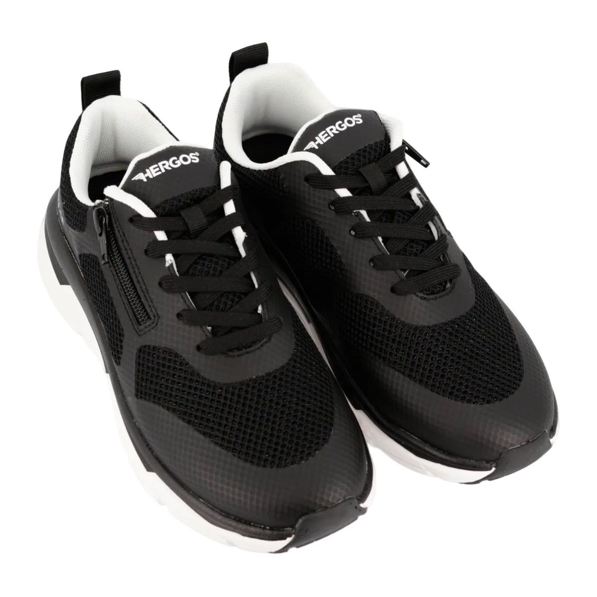 Sneakers neri con suola bianca. Cerniera laterale. Marchio HERGOS sulla linguetta. Inserti in mesh.
