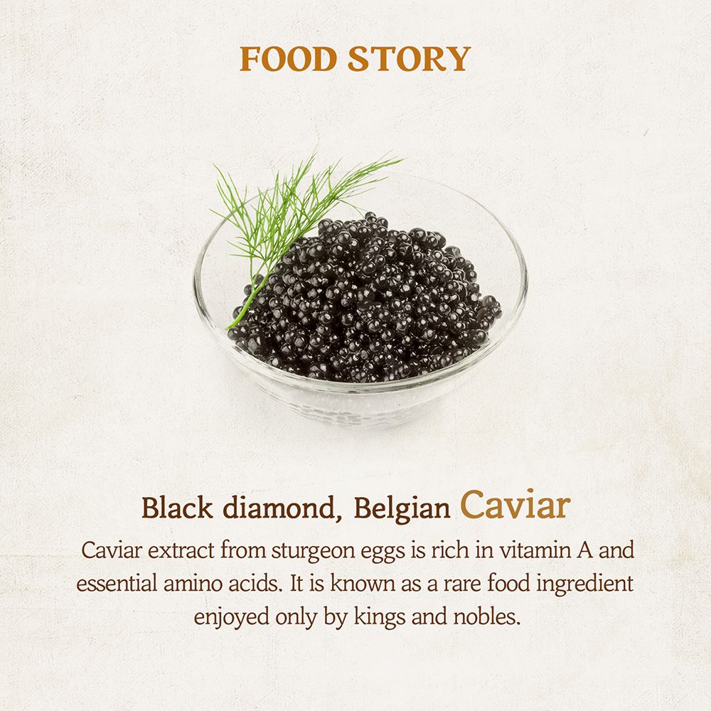 Ciotola con caviale nero e aneto. Testo: Black diamond, Belgian Caviar. Testo: Caviar extract from sturgeon eggs is rich in vitamin A.