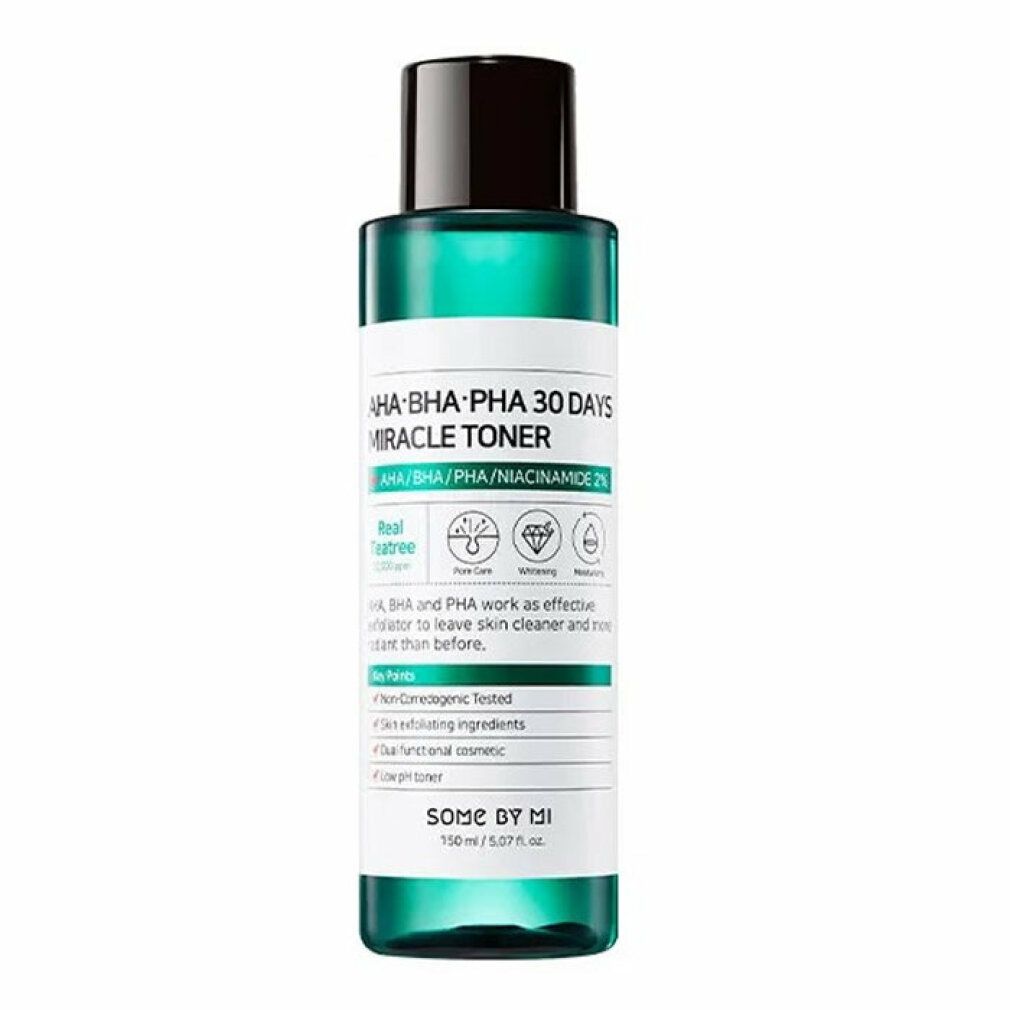 Flacone verde con tappo nero. Testo: AHA-BHA-PHA 30 DAYS MIRACLE TONER. Marchio SOME BY MI. 150 ml.