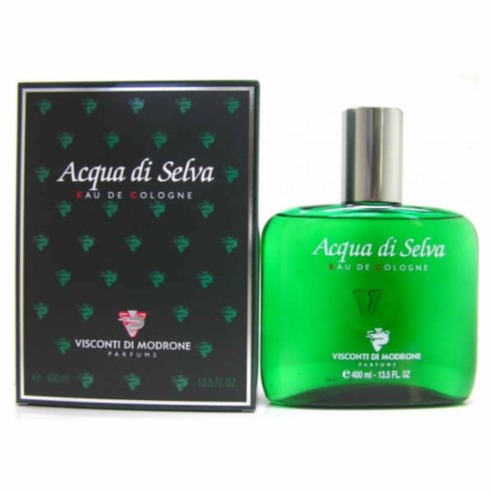 Flacone e scatola di vetro verde. Scritta: Acqua di Selva Eau de Cologne. Marchio: Visconti di Modrone. Flacone: 400 ml.