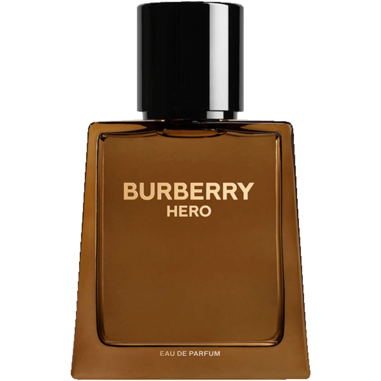 Flacone Burberry Hero marrone con tappo nero. Scritta: Burberry Hero Eau de Parfum.