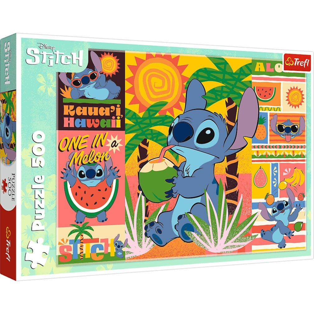 Scatola puzzle Lilo & Stitch. Stitch beve una noce di cocco. 500 pezzi. Marchio Trefl. Confezione con pezzi del puzzle.