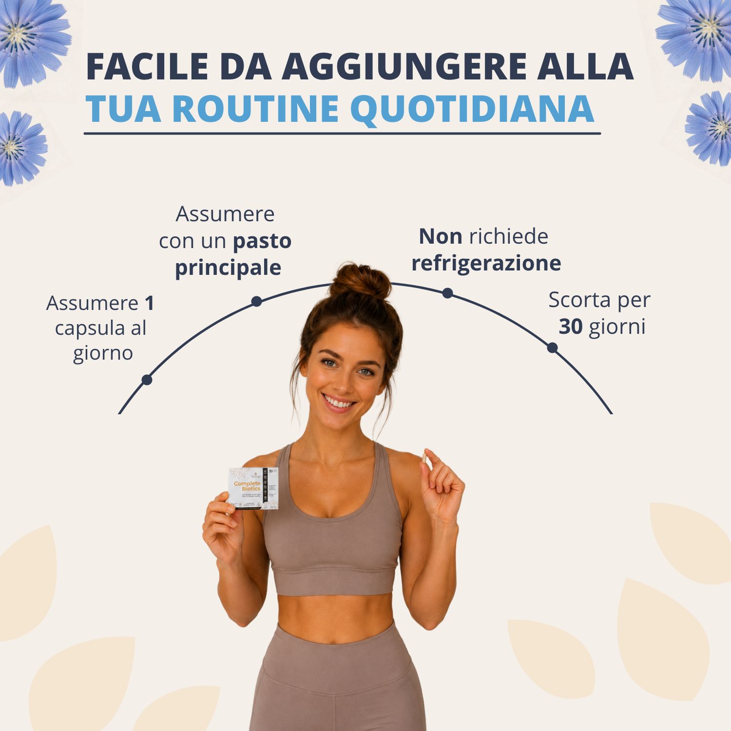 Donna integra Golden Tree Complete Biotics nella sua routine: 1 capsula/giorno, con pasto, non refrigerare, scorta 30 giorni.