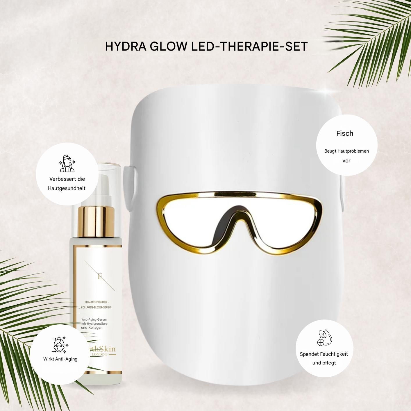 Set Erth Skin London Hydra Glow LED Therapy: maschera bianca con dettagli dorati, flacone di siero, sovrapposizioni di testo.