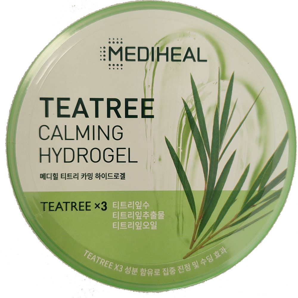 Confezione rotonda verde. Scritta: MEDIHEAL, TEATREE CALMING HYDROGEL. Illustrazione di foglie di tea tree. Testo multilingue.