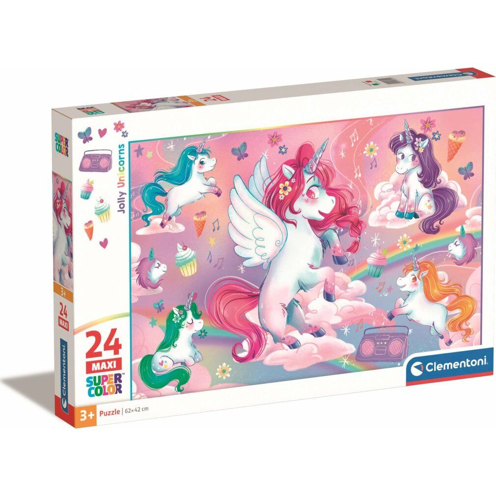 Clementoni Puzzle Merry Unicorns maxi 24 pezzi. Confezione con motivo puzzle. Logo e informazioni sul prodotto.