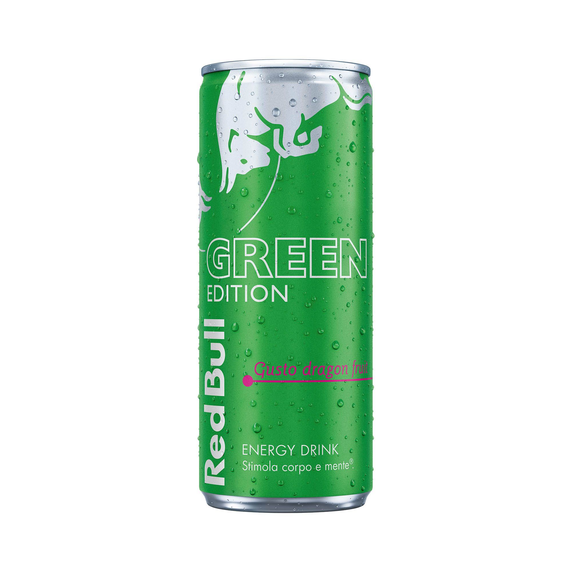 Lattina Red Bull Green Edition gusto dragon fruit, 250 ml, con testo.