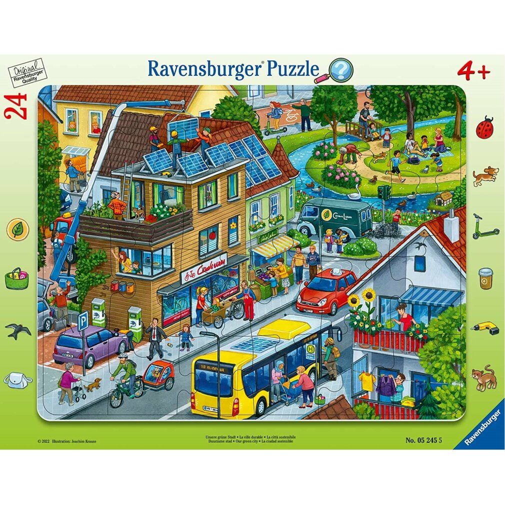 Puzzle Ravensburger da 24 pezzi. Immagine di una città con edifici, persone e veicoli. Età consigliata: 4+