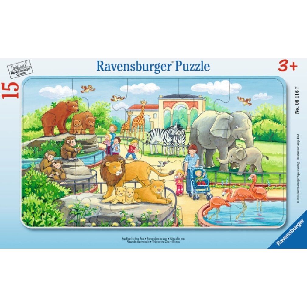 Puzzle Pz. Ausflug in den Zoo 15T. Forma rettangolare, 15 pezzi. Scena dello zoo con animali e persone. Logo Ravensburger e indicazione età 3+.
