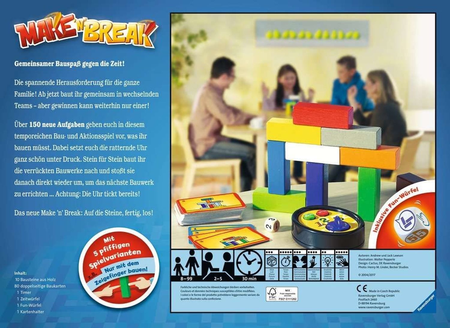 Retro della scatola del gioco Make 'n' Break. Tabellone, mattoncini, carte, dadi. Giocatori che giocano a un tavolo.