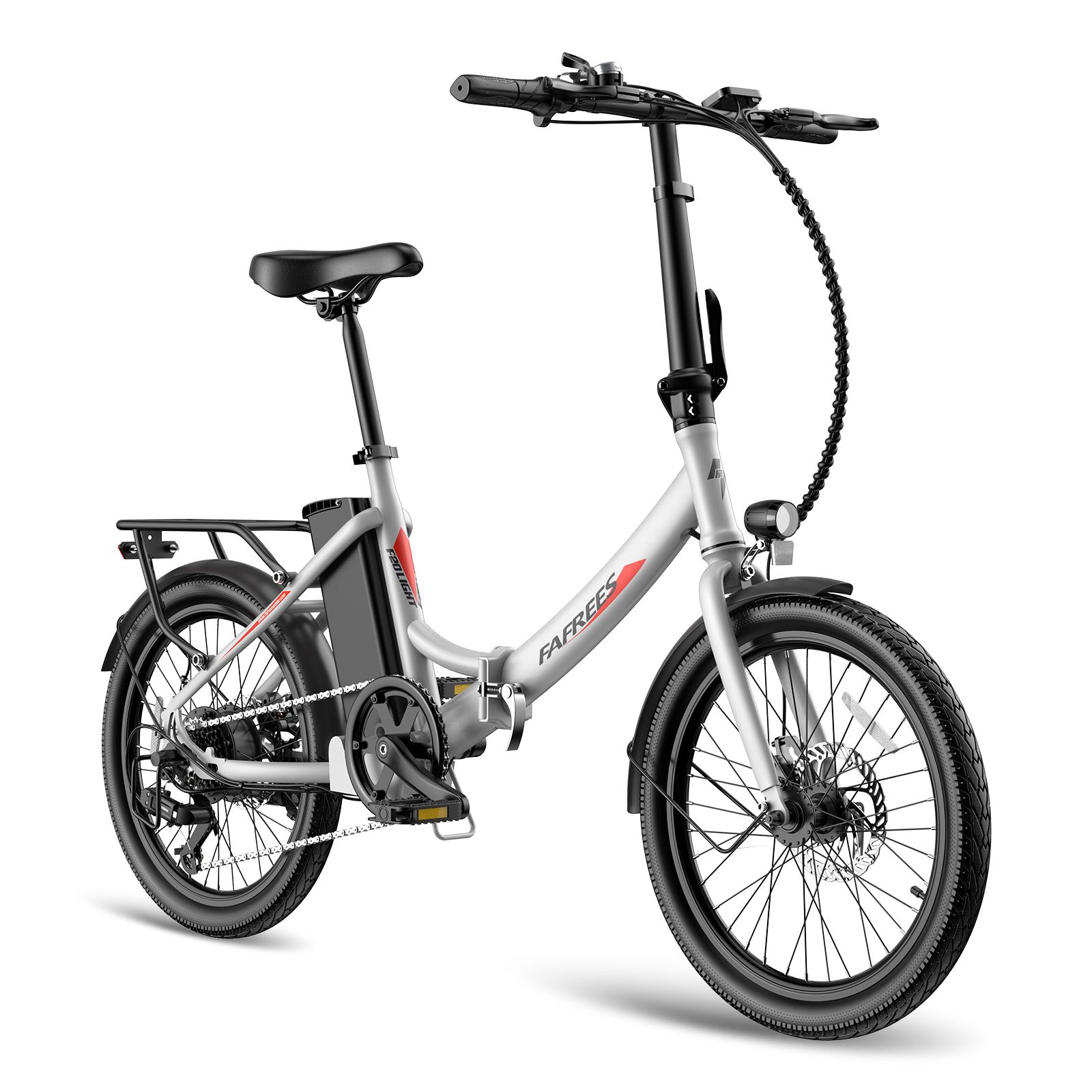 E-bike Fafrees F20Light argento. Sella, pneumatici e portapacchi neri. Batteria sul telaio.