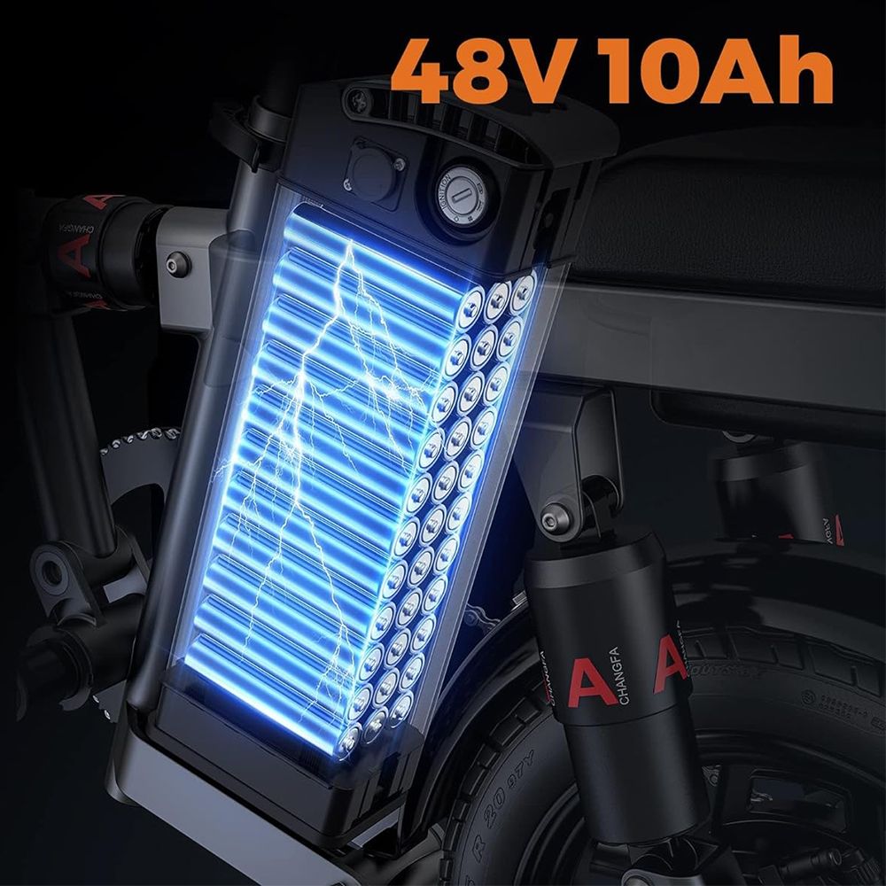 Batteria e-bike con effetti luce blu. Scritta 48V 10Ah. Alloggiamento nero.