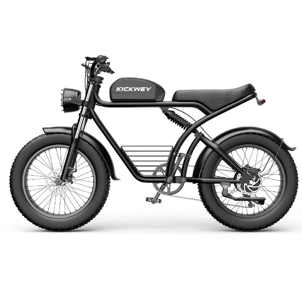 E-bike nera con pneumatici larghi. Portapacchi con logo KICKWEY. Faro e fanale posteriore. Telaio nero.