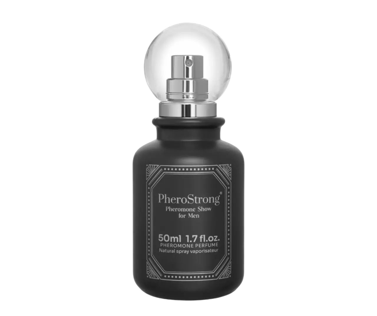 Flacone nero con vaporizzatore e tappo a sfera. Scritta: PheroStrong Pheromone Show for Men. 50ml 1.7 fl.oz.