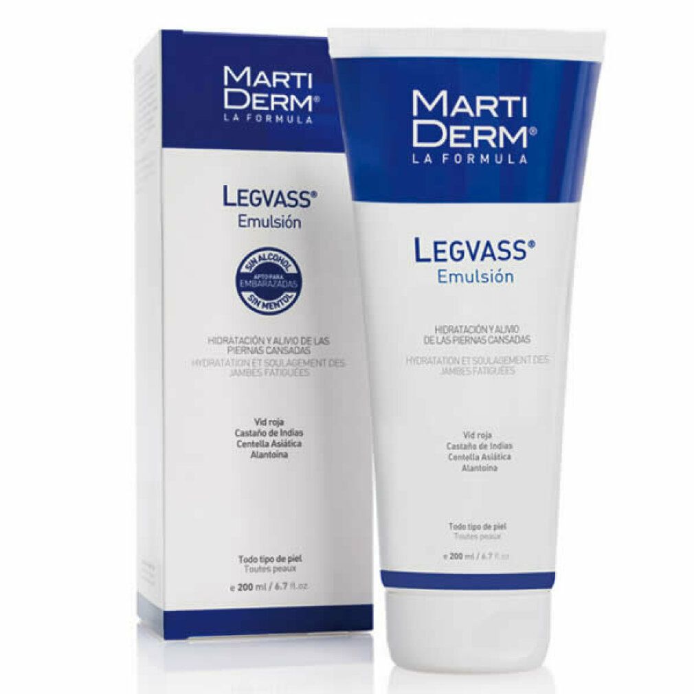 Confezione prodotto con tubo e scatola. Contiene emulsione per gambe stanche. Marchio Marti Derm.
