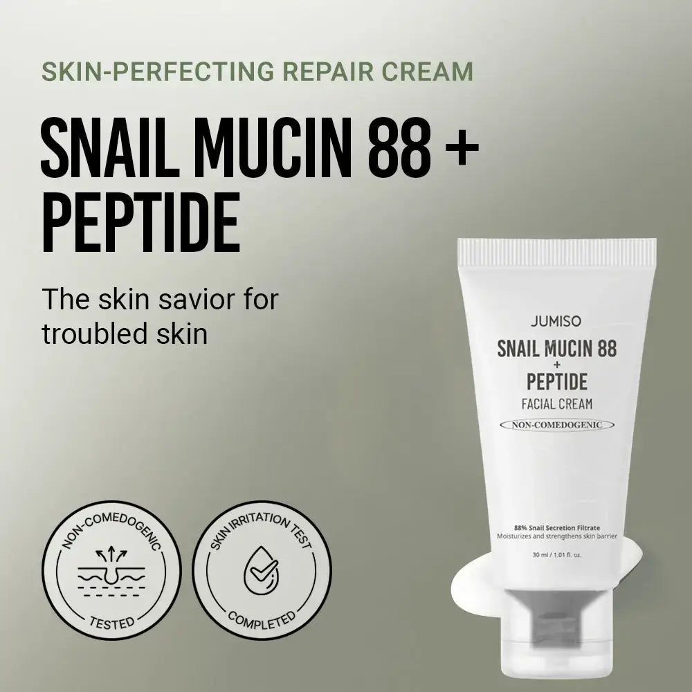 Tubo bianco con nome del prodotto e loghi. Testo: JUMISO Schneckenschleim 88 + Peptidcreme. Due loghi rotondi: Non comedogenico e test di irritazione cutanea superato.