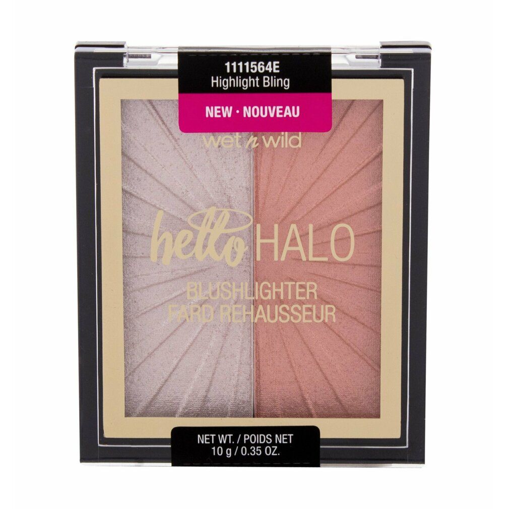 Palette Blushlighter nella confezione. Scritta "hello HALO" e "BLUSHLIGHTER FARD REHAUSSEUR". "NEW" e "10 g / 0.35 oz" visibili.