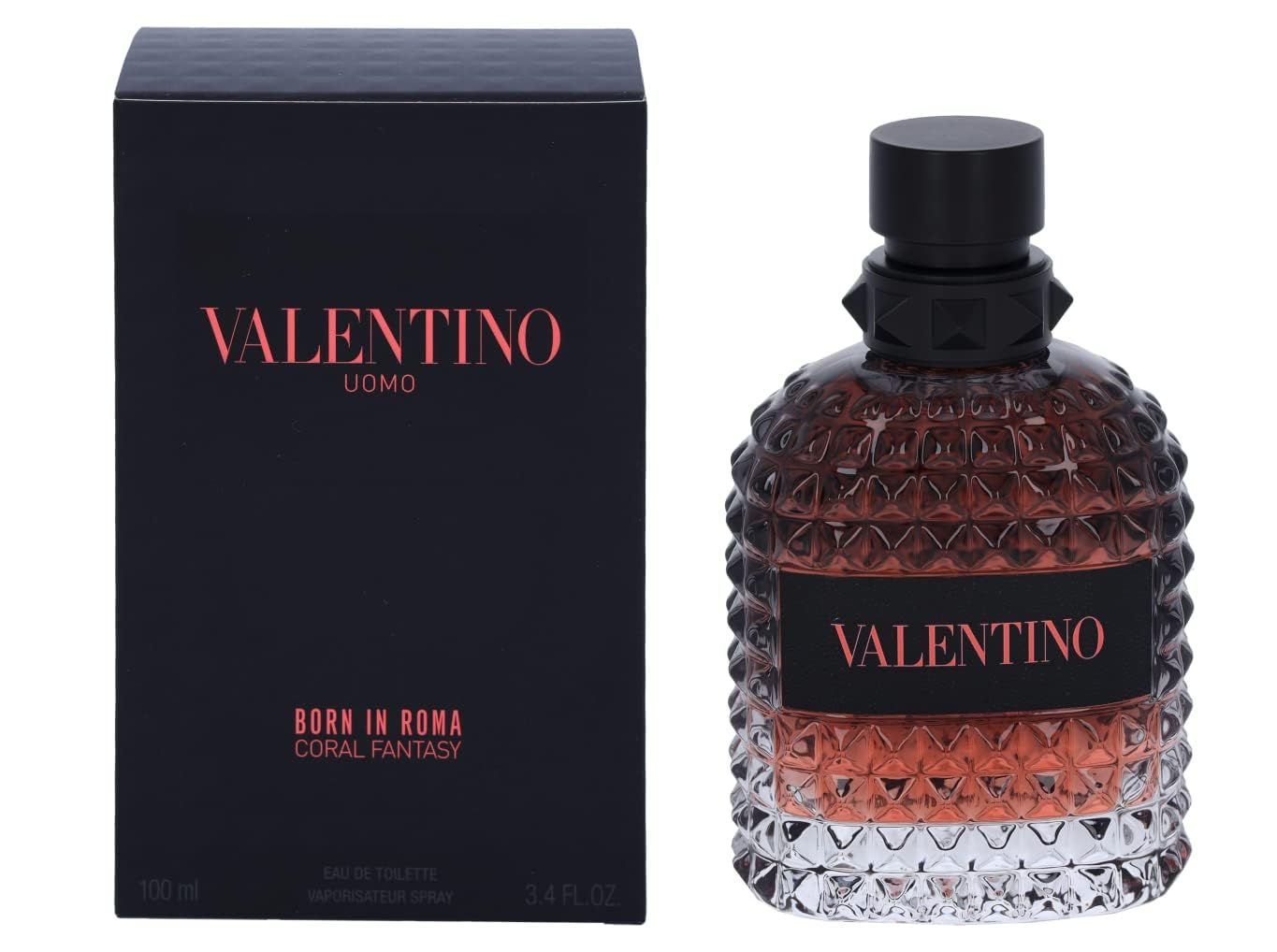 Flacone e confezione Valentino Uomo Born In Roma Coral Fantasy. Confezione nera con testo rosso. Il flacone ha una texture piramidale.