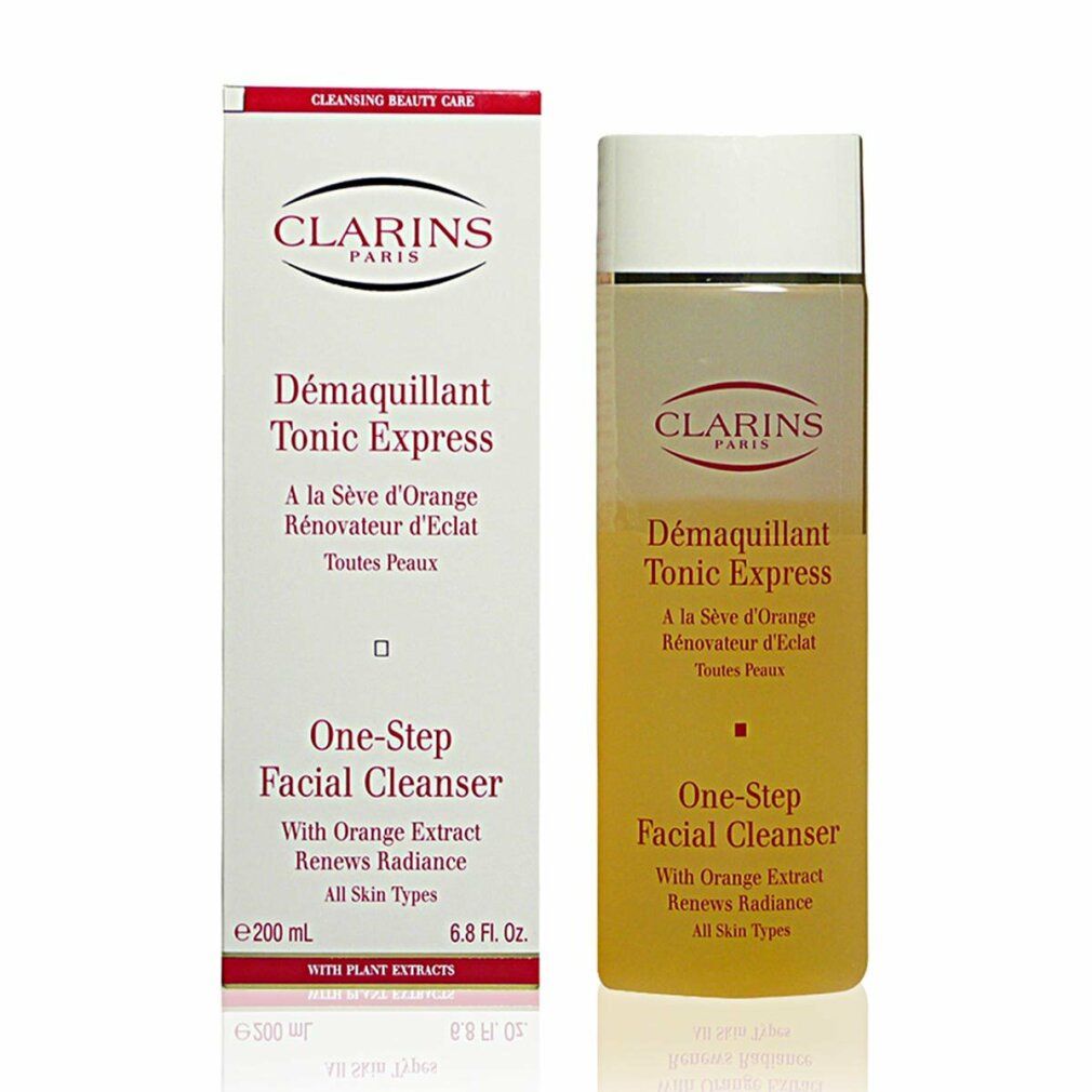 Clarins One-Step Facial Cleanser. Prodotto e confezione. Testo: Clarins Paris, Tonic Express, One-Step Facial Cleanser. Con estratto di arancia.
