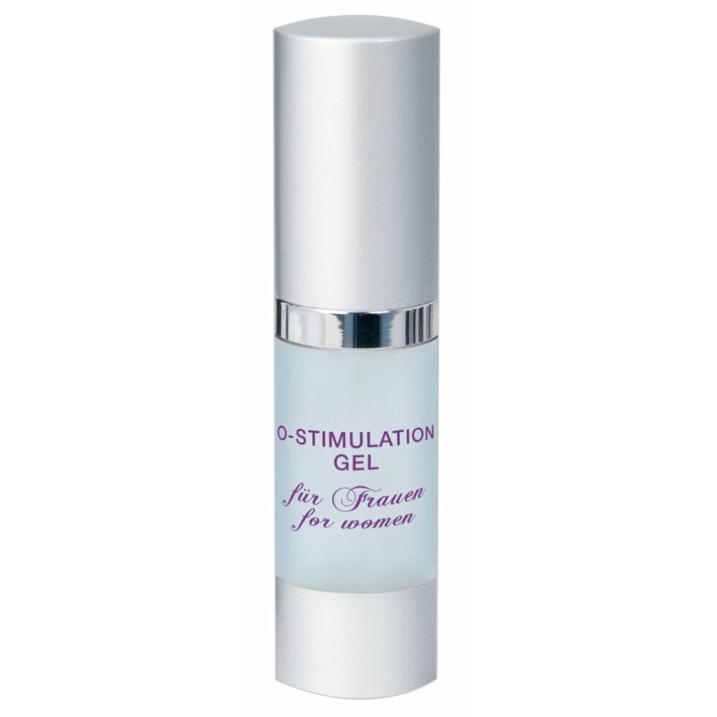 Flacone cilindrico con tappo argentato. Scritta O-STIMULATION GEL per donne. Contenuto trasparente visibile.