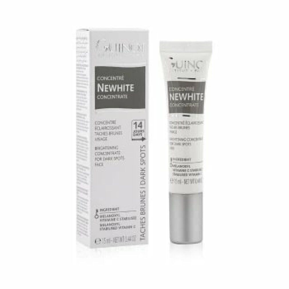 Tubo e scatola Guinot Newhite Concentre. Tubo e scatola bianchi. Testo: Newhite, Concentre, 15ml.