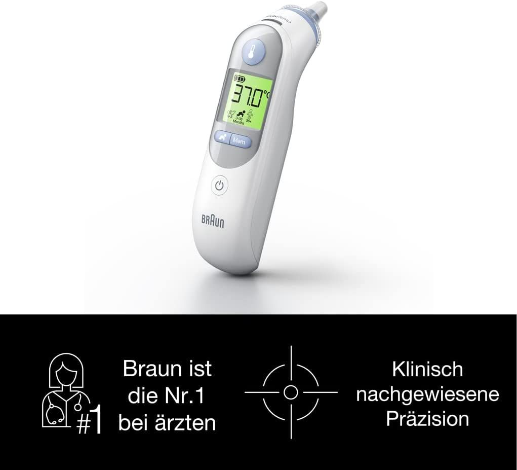 Termometro auricolare Braun con display. Display: 37,0 gradi. Sotto: testo "Braun è il n.1 tra i medici" e "Precisione clinicamente provata".