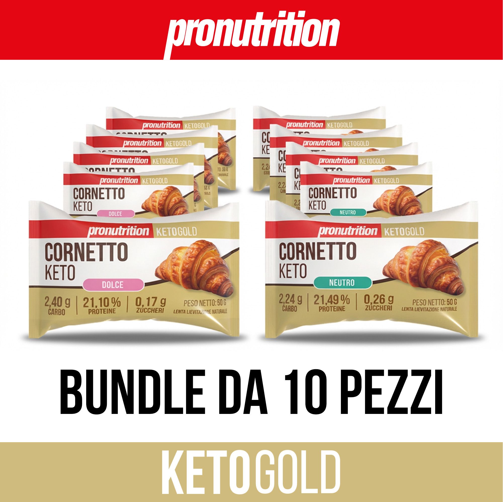 Confezioni multiple di Cornetto Keto, bundle da 10 pezzi. Scritta: Ketogold. Marchio: Pronutrition.