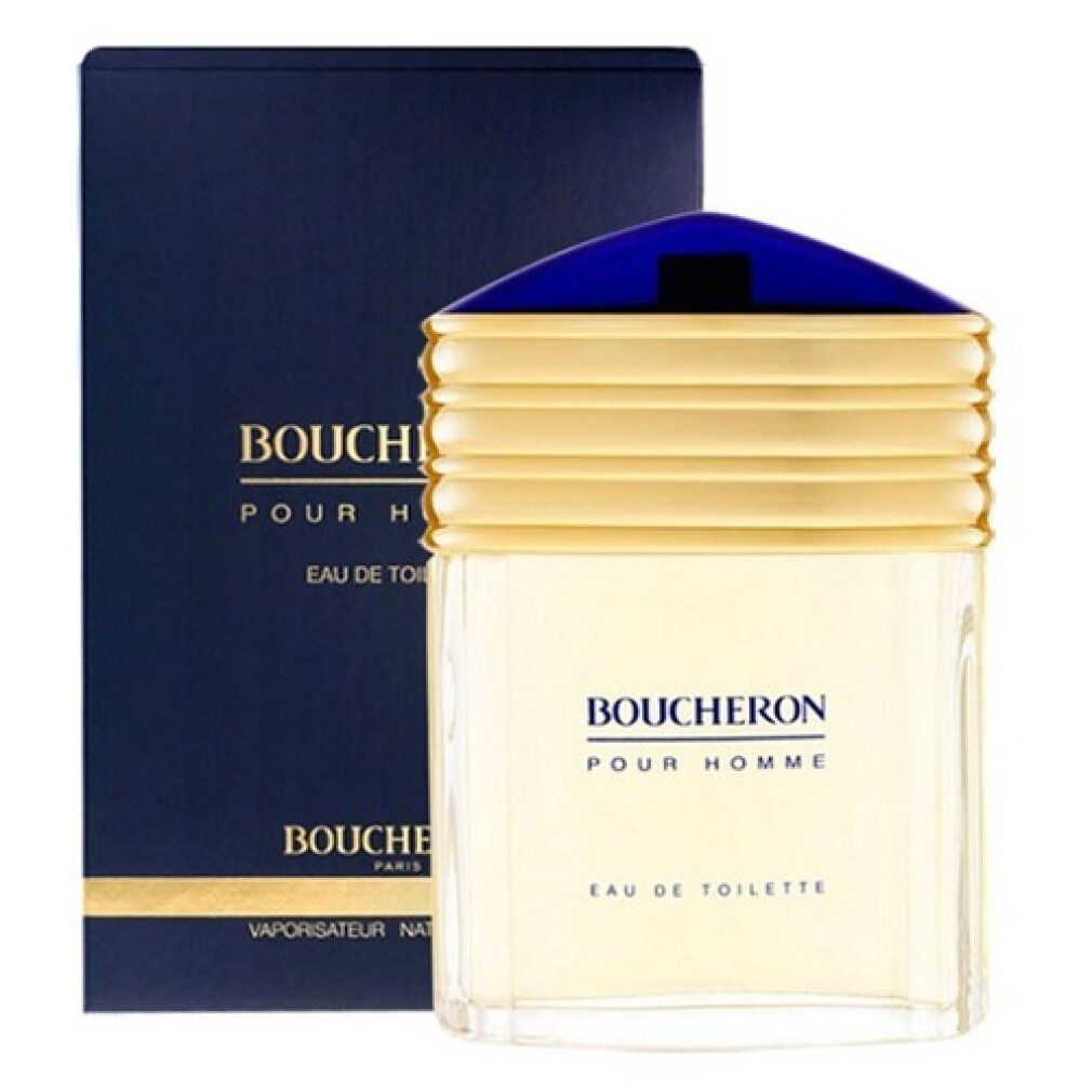 Boucheron Pour Homme Eau de Toilette Spray. Flacone e confezione. Tappo blu-oro. Flacone rettangolare con scritta.