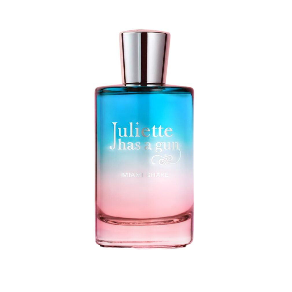 Flacone Juliette Has A Gun Miami Shake Eau de Parfum con tappo argentato. Gradiente dal blu al rosa.
